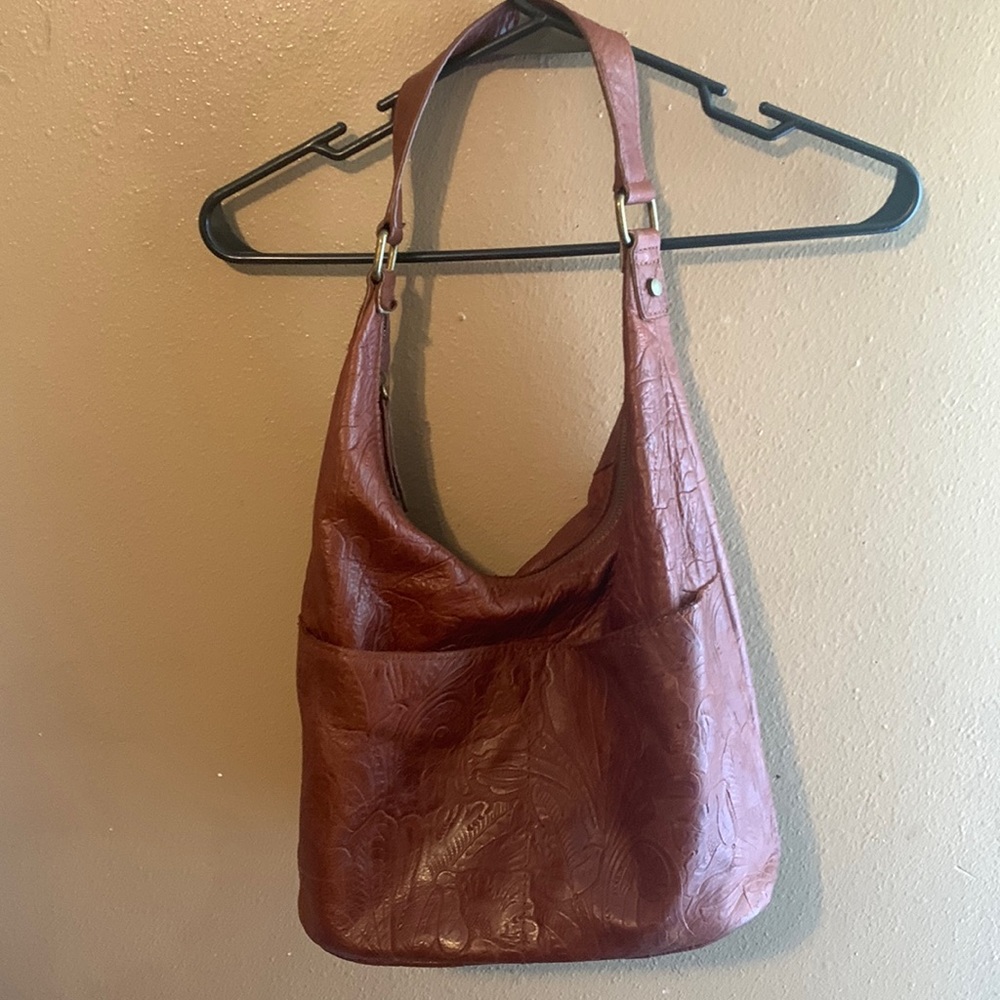 American leather co  brandy tooled hobo purse brown